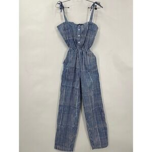 Vtg Blue Ginger Handmade Batik Cotton XS‎ Jumpsuit Crop Top Set Blue Wh Striped